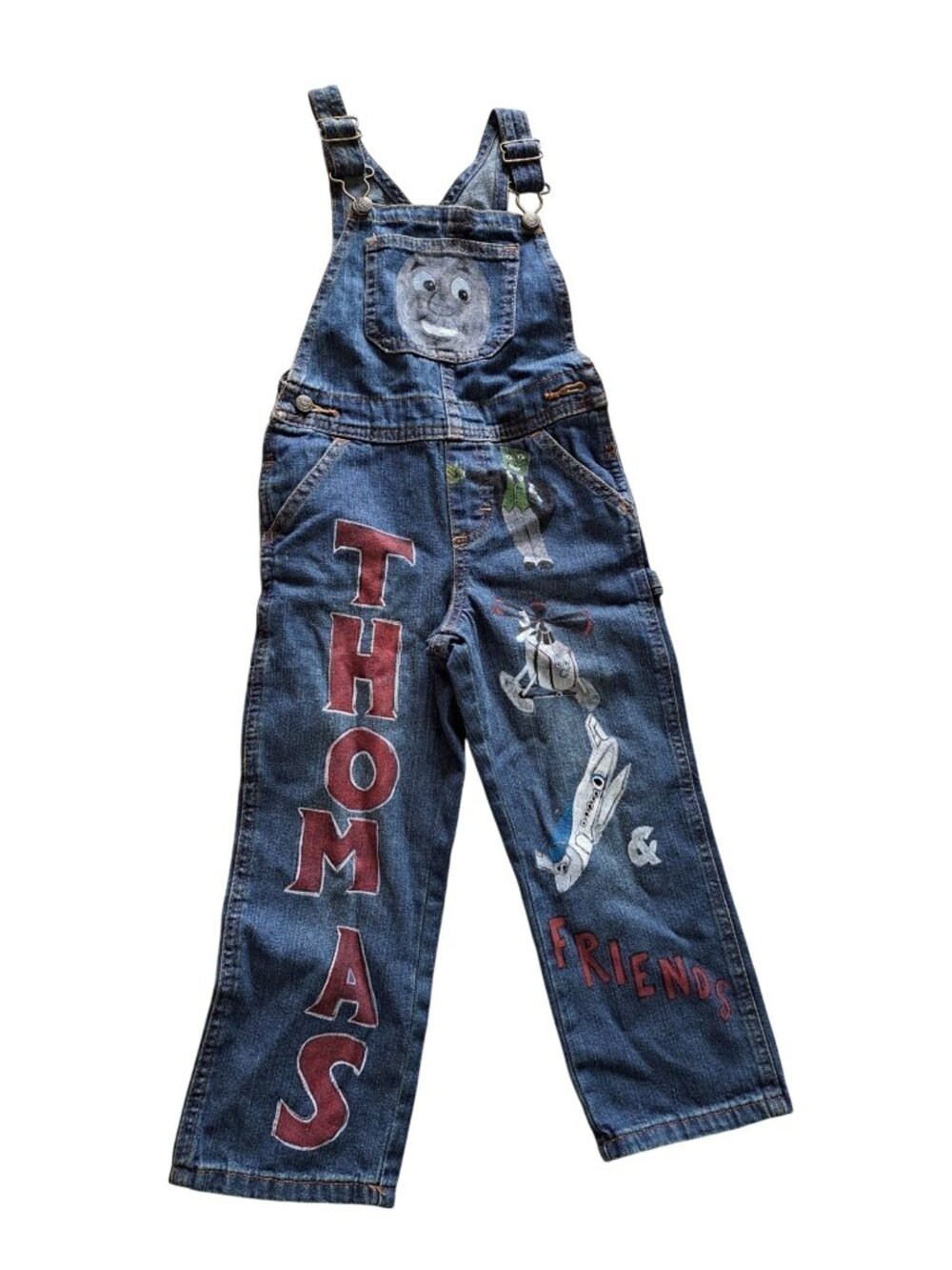 Vtg Hand Painted Thomas Friends Train Denim Bib Overalls Adjustable Pockets 5T - Picture 1 of 11